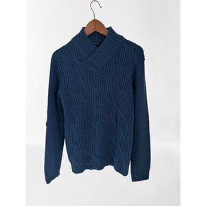 SISLEY Cable Knit Sweater Chunky Wool Pullover Blue Shawl-Neck Size Med